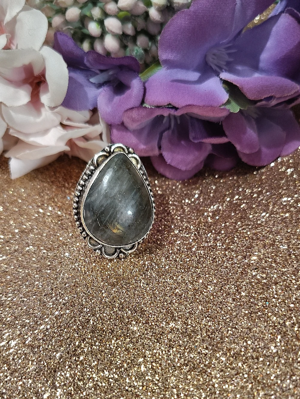 Laboradorite Teardrop 925 Silver Ring Size 6 1/2
